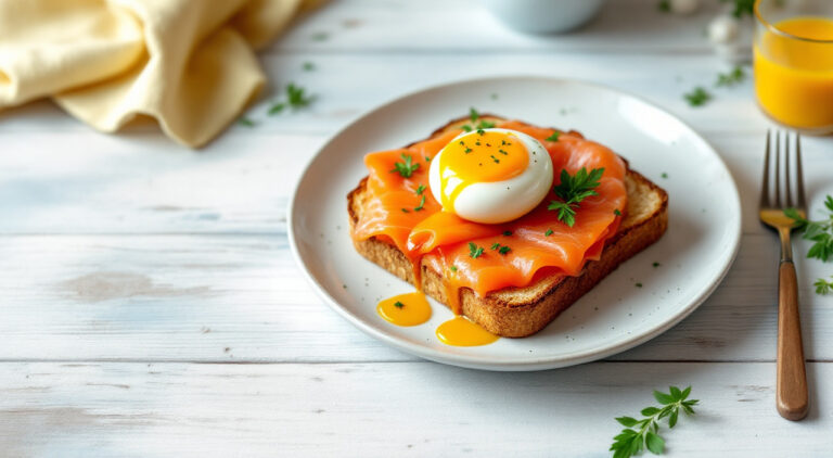 Sandwich de salmón y huevo escalfado