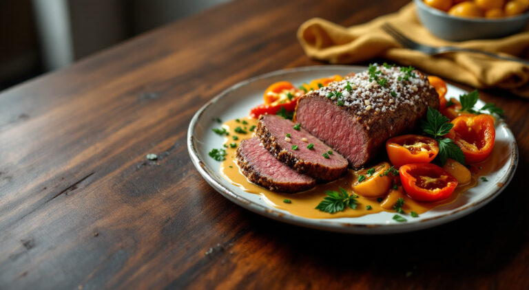 Solomillo de ternera a la sal con salsa de mostaza