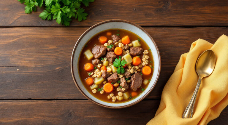 Sopa de avena, carne y verduras