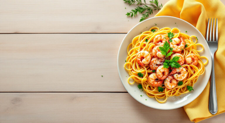 Tagliatelle con gambas y ajo