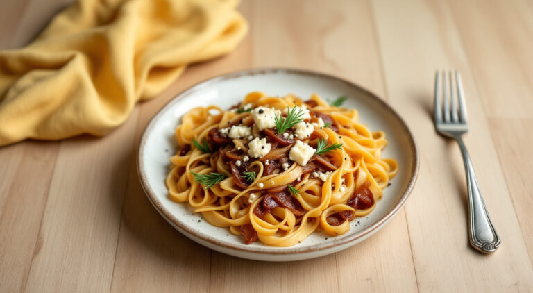 Tallarines con cebolla confitada