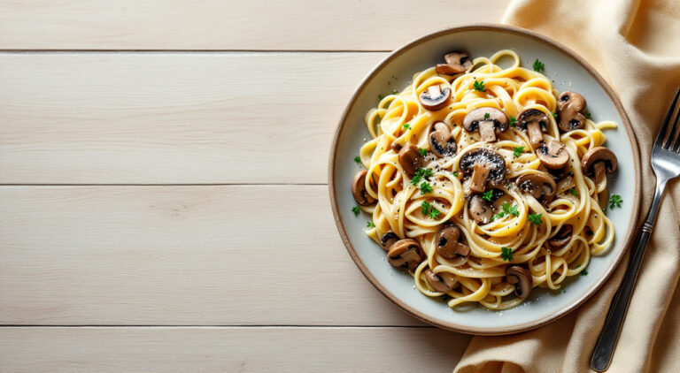 Tallarines con nata y champiñones