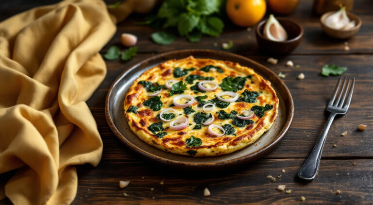 Tortilla de espinacas cebolla y ajos tiernos