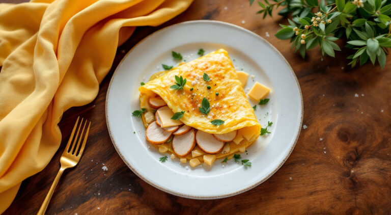 Tortilla francesa rellena con fiambre de pavo y queso para dieta