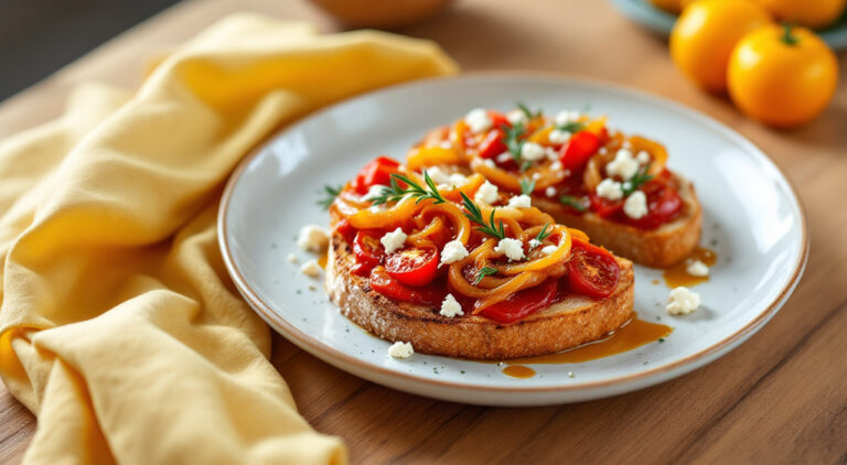 Tosta de tomate y cebolla caramelizados con queso de cabra